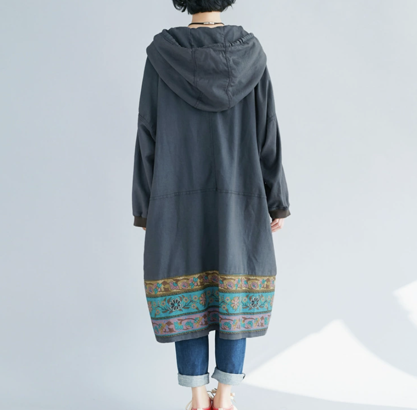 New ethnic style mid length dress with large print casual hooded sweatshirt