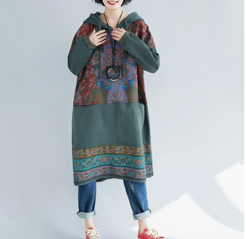 New ethnic style mid length dress with large print casual hooded sweatshirt