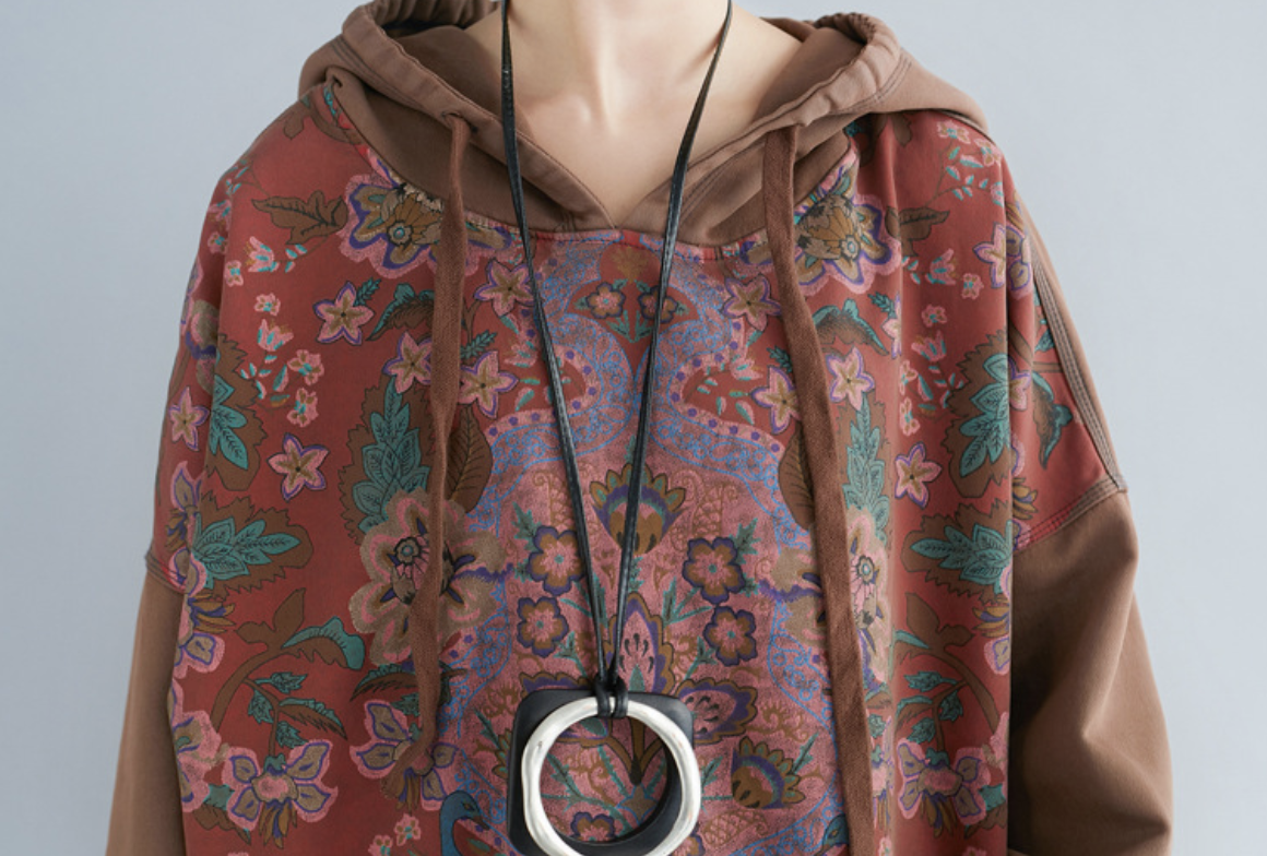 New ethnic style mid length dress with large print casual hooded sweatshirt