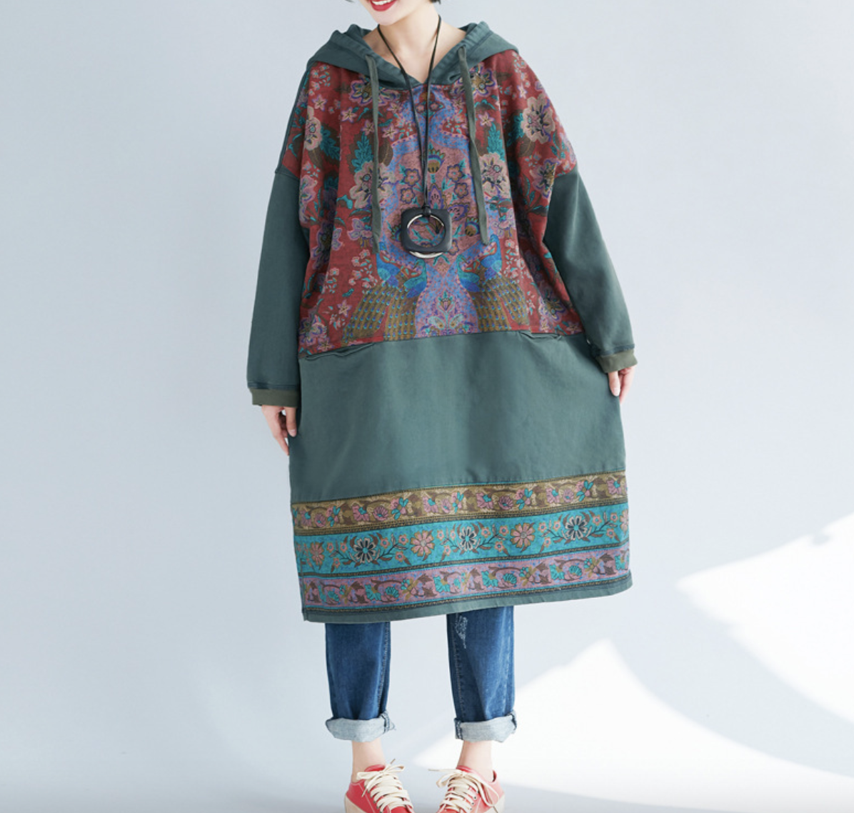 New ethnic style mid length dress with large print casual hooded sweatshirt