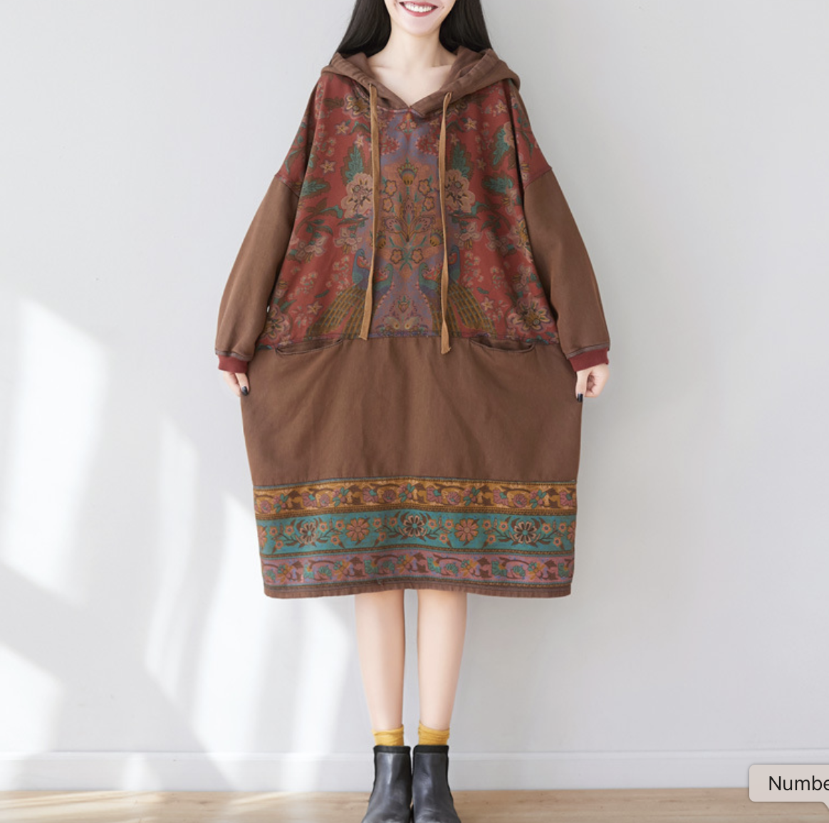 New ethnic style mid length dress with large print casual hooded sweatshirt