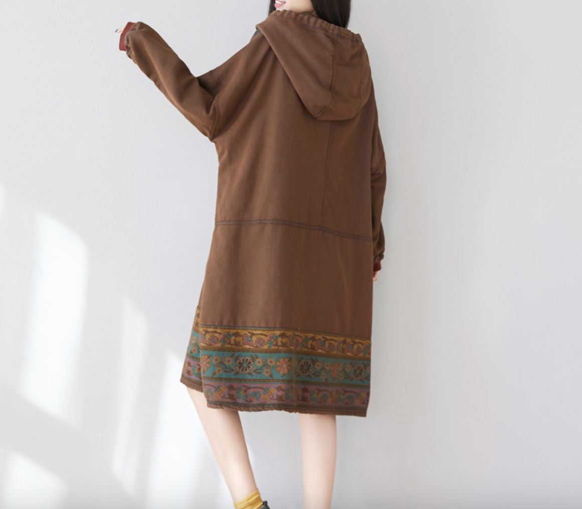 New ethnic style mid length dress with large print casual hooded sweatshirt