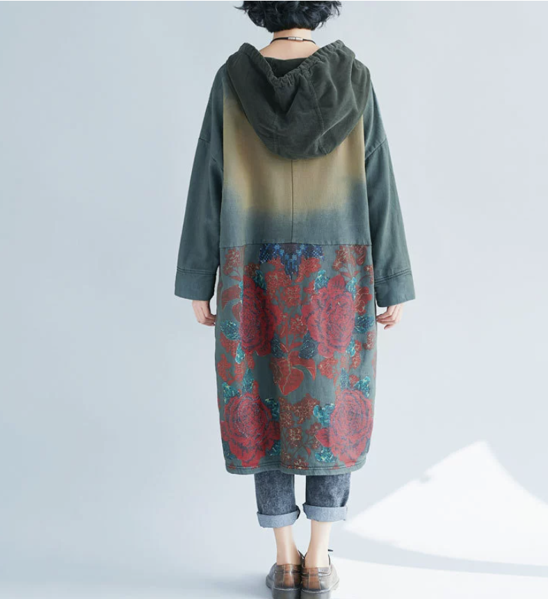Oversized women's hooded mid length hoodie, ethnic style retro vintage vintage dress