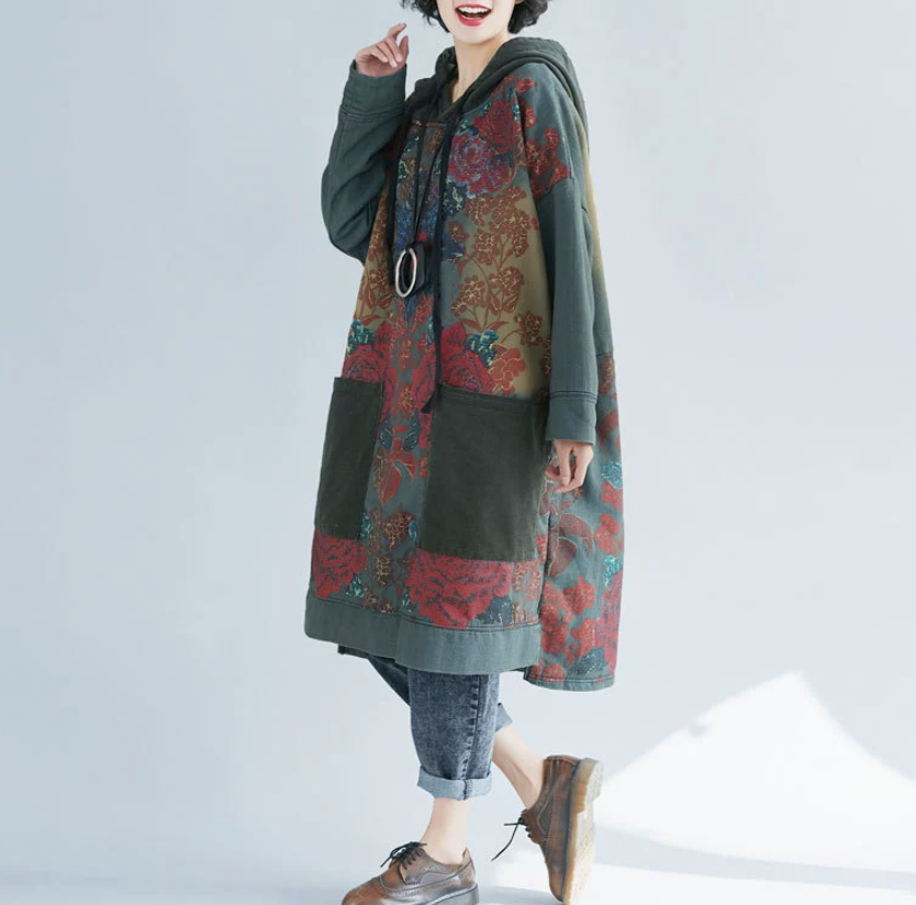 Oversized women's hooded mid length hoodie, ethnic style retro vintage vintage dress