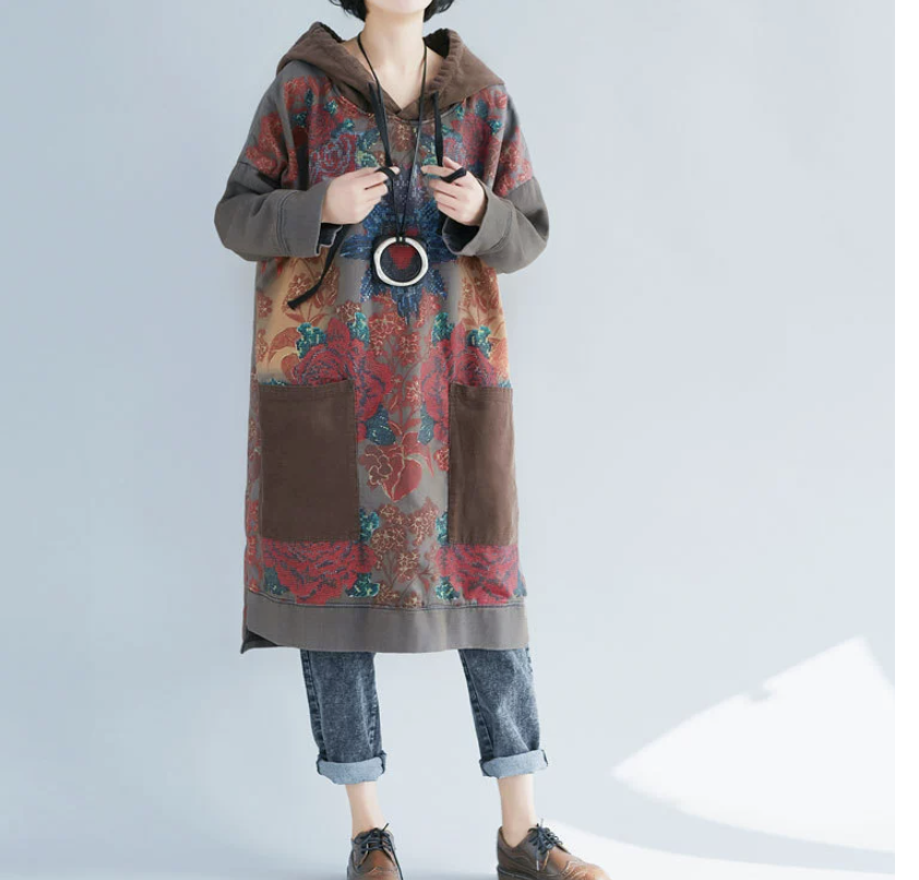 Oversized women's hooded mid length hoodie, ethnic style retro vintage vintage dress