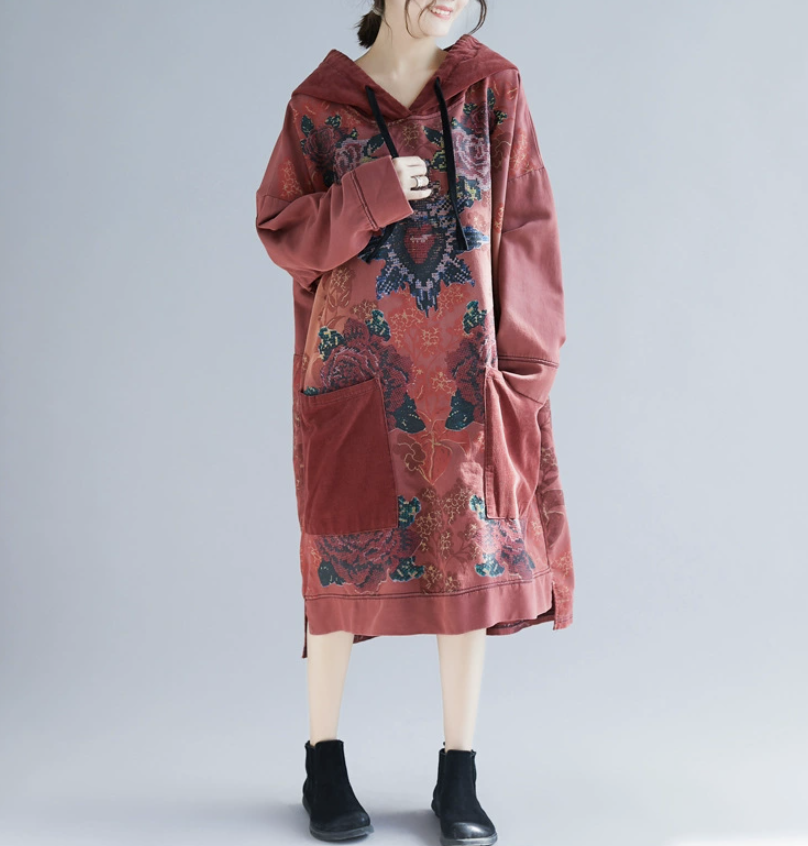 Oversized women's hooded mid length hoodie, ethnic style retro vintage vintage dress