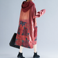 Oversized women's hooded mid length hoodie, ethnic style retro vintage vintage dress