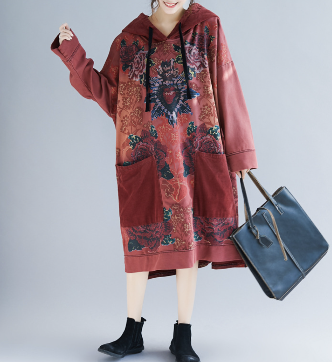 Oversized women's hooded mid length hoodie, ethnic style retro vintage vintage dress