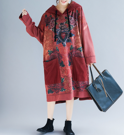 Oversized women's hooded mid length hoodie, ethnic style retro vintage vintage dress