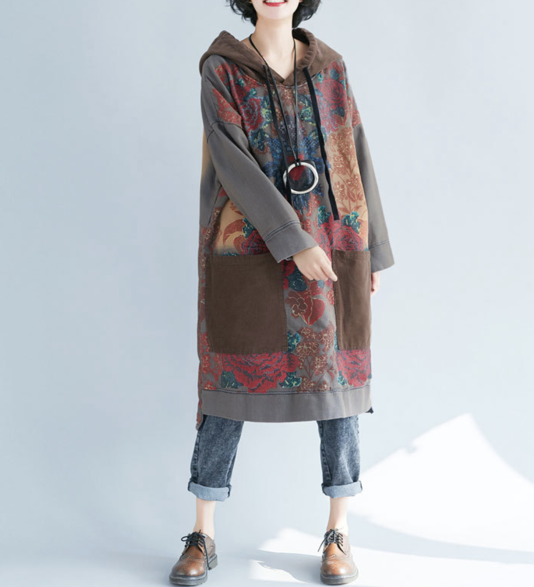 Oversized women's hooded mid length hoodie, ethnic style retro vintage vintage dress