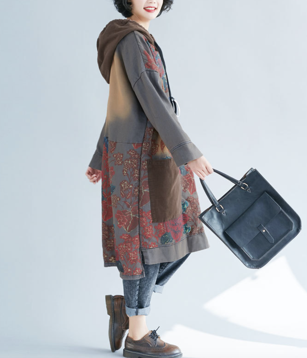 Oversized women's hooded mid length hoodie, ethnic style retro vintage vintage dress