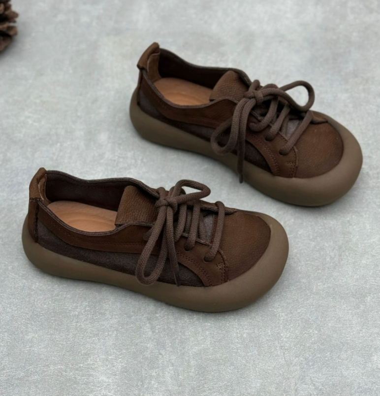Leather lace up single shoe artistic casual frosted cowhide women's shoes