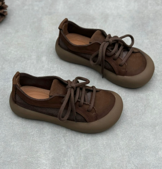 Leather lace up single shoe artistic casual frosted cowhide women's shoes