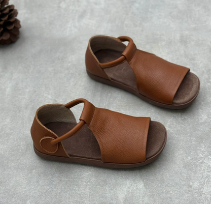 Handmade genuine leather fish mouth sandals, flat bottomed Velcro soft cowhide women's sandals