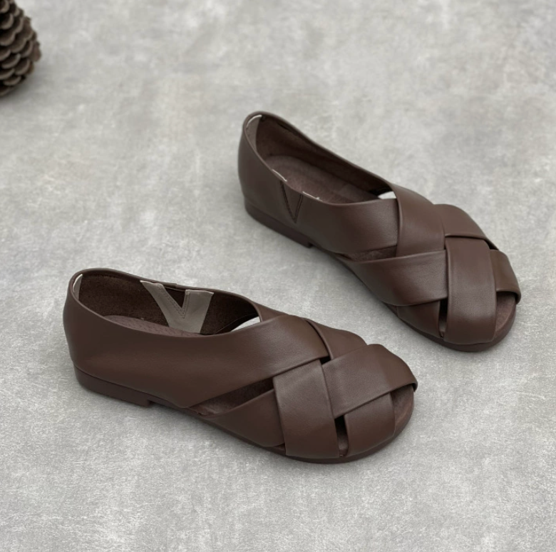 Bag heel lightweight woven hollow breathable sandals flat leather women's shoes