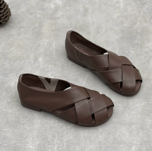 Bag heel lightweight woven hollow breathable sandals flat leather women's shoes