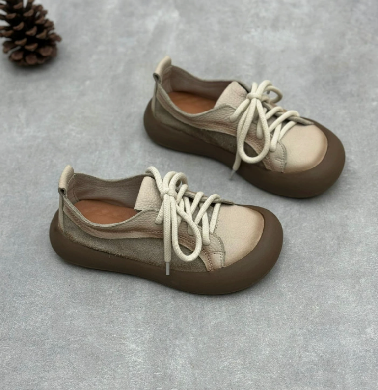 Leather lace up single shoe artistic casual frosted cowhide women's shoes