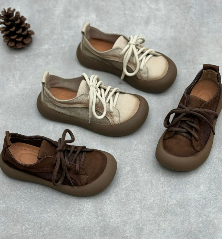 Leather lace up single shoe artistic casual frosted cowhide women's shoes