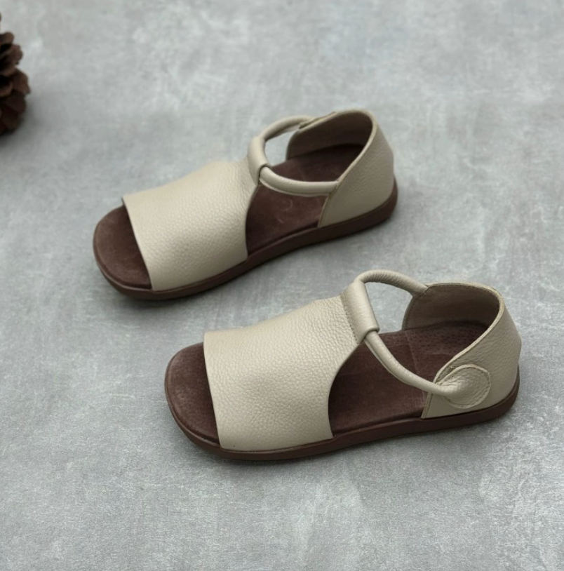 Handmade genuine leather fish mouth sandals, flat bottomed Velcro soft cowhide women's sandals
