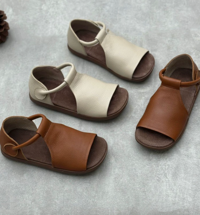 Handmade genuine leather fish mouth sandals, flat bottomed Velcro soft cowhide women's sandals