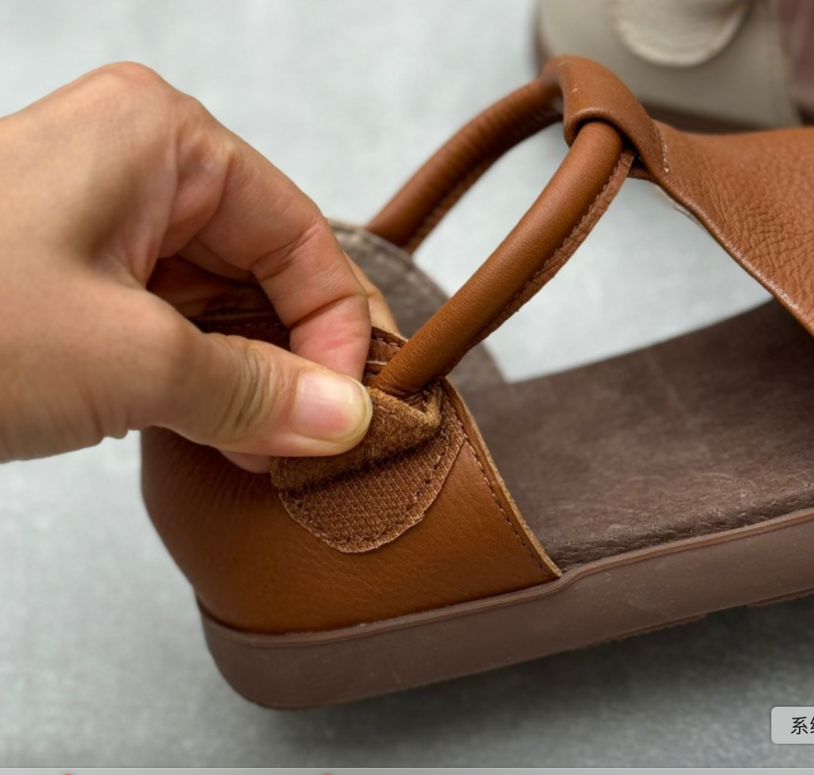 Handmade genuine leather fish mouth sandals, flat bottomed Velcro soft cowhide women's sandals