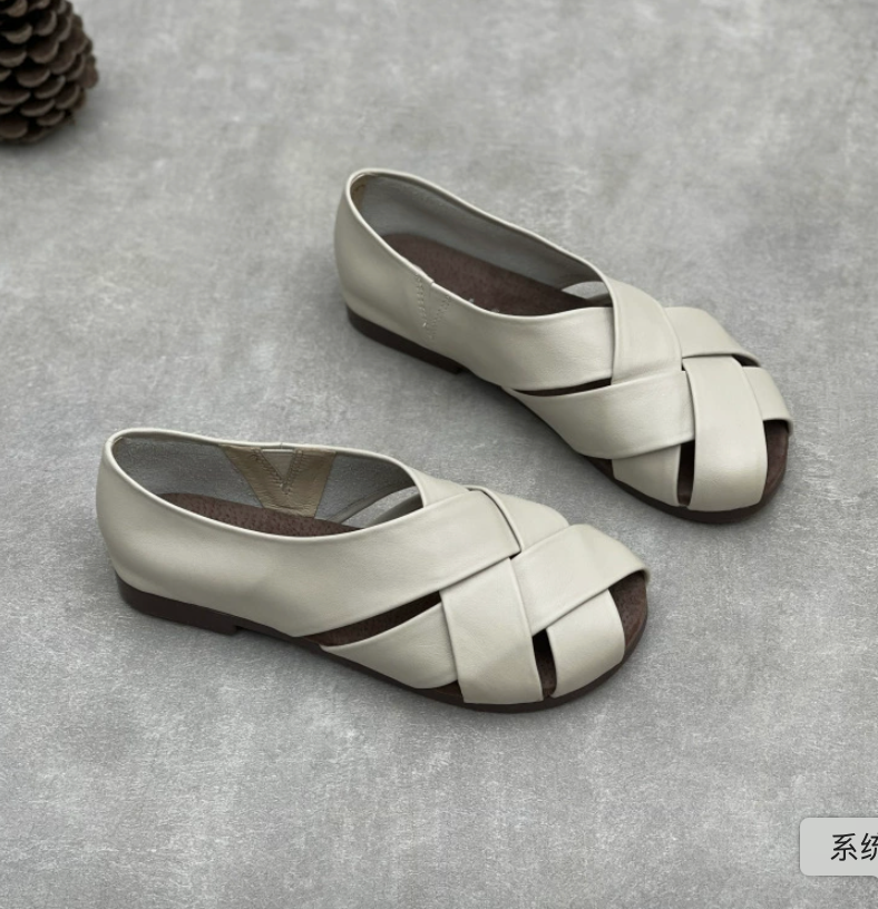 Bag heel lightweight woven hollow breathable sandals flat leather women's shoes