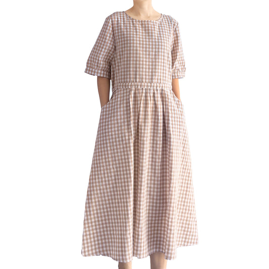 Minibee Women's Cotton Linen Dress Summer Short Sleeve Casual Plaid Flowy A-Line Midi Dresses with Pockets