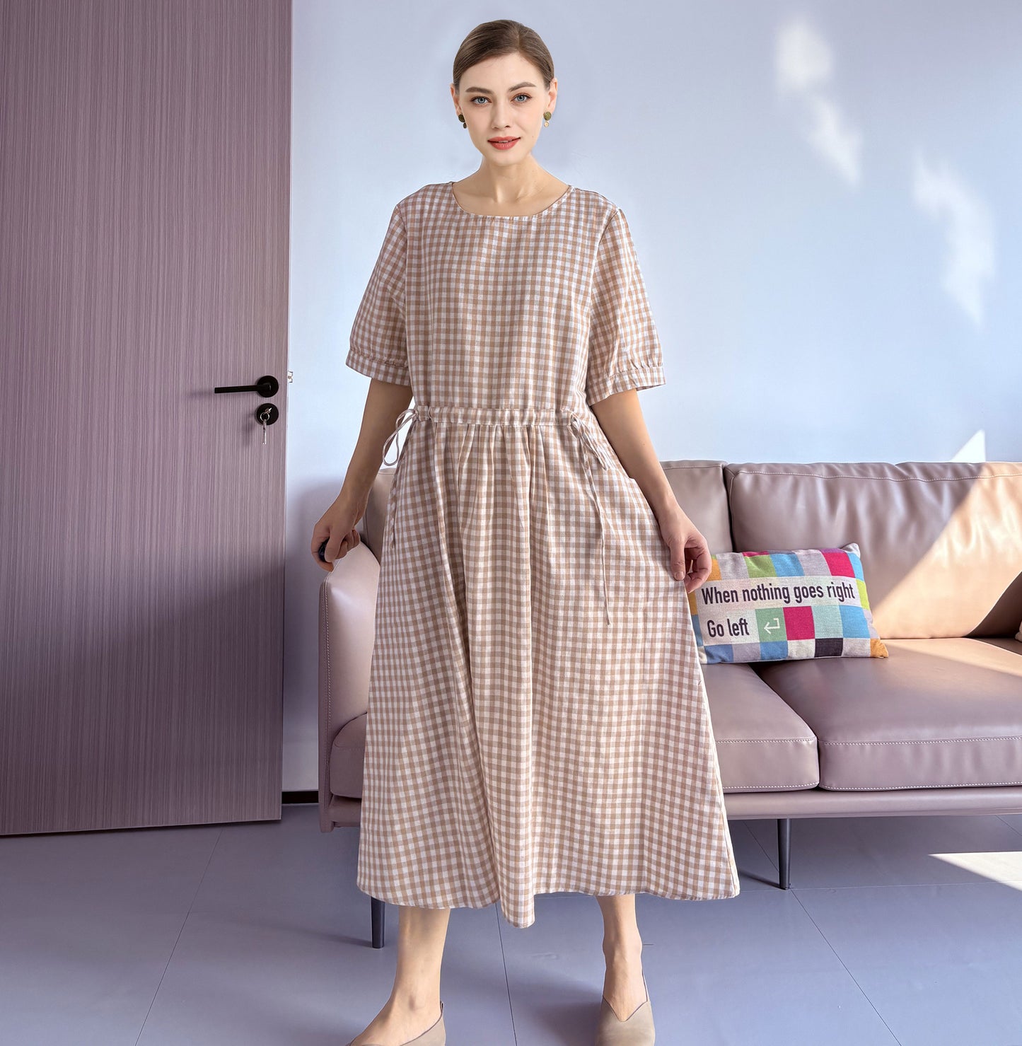 Minibee Women's Cotton Linen Dress Summer Short Sleeve Casual Plaid Flowy A-Line Midi Dresses with Pockets