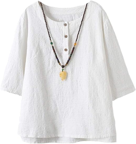 Minibee Women's 3/4 Sleeve Cotton Linen Jacquard Blouses Top T-Shirt