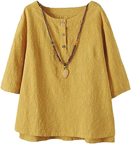 Minibee Women's 3/4 Sleeve Cotton Linen Jacquard Blouses Top T-Shirt