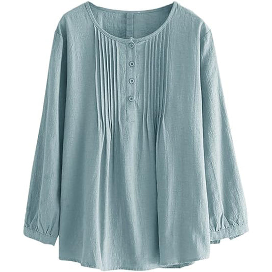 Women's Scoop Neck Pleated Blouse Solid Color Lovely Button Tunic Shirt