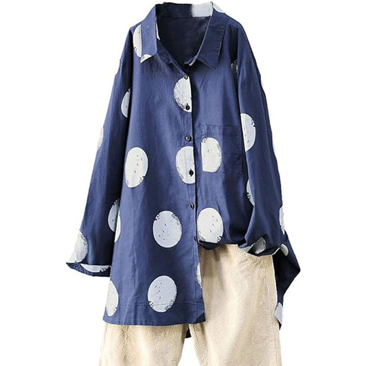 Minibee Women's Button Down Tunic Tops Polka Blouse Cotton Shirt