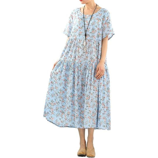 Minibee Women's Bohemian Maxi Dress Summer Short Sleeve Boho Dresses