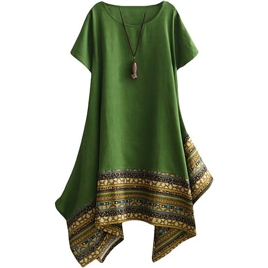 Minibee Women's Ethnic Cotton Linen Short/Long Sleeves Irregular Dress