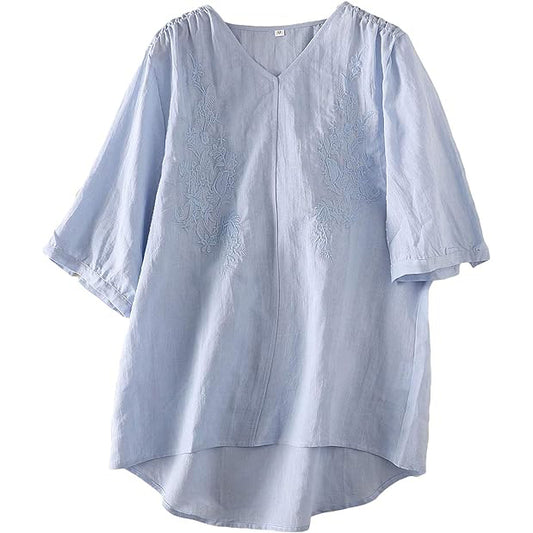 Minibee Women's Linen Embroidery Blouse V-Neck Tunic Elbow Sleeve Shirts Tops