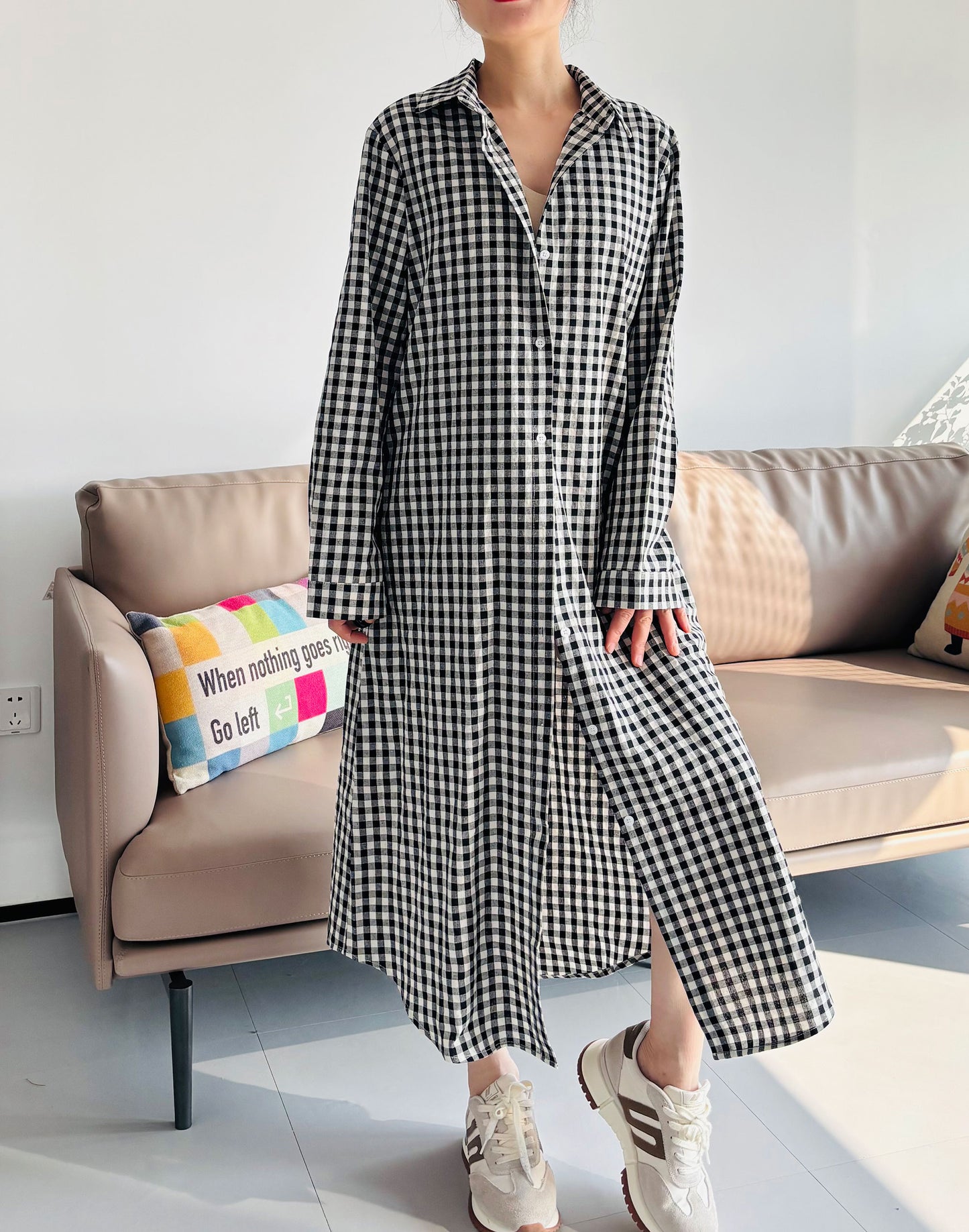 Minibee Women's Plaid Shirts Dress Button Down Long Sleeve Cotton Casual Blouses Dresses with Pockets