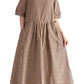 Minibee Women's Cotton Linen Dress Summer Short Sleeve Casual Plaid Flowy A-Line Midi Dresses with Pockets