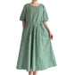 Minibee Women's Cotton Linen Dress Summer Short Sleeve Casual Plaid Flowy A-Line Midi Dresses with Pockets