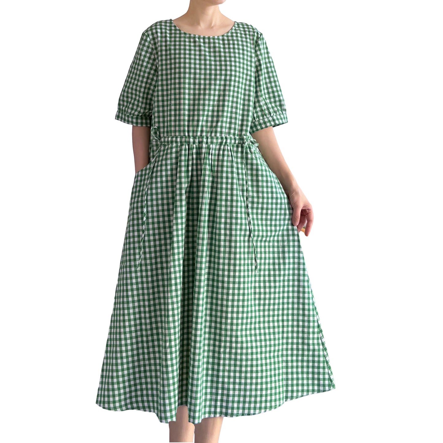 Minibee Women's Cotton Linen Dress Summer Short Sleeve Casual Plaid Flowy A-Line Midi Dresses with Pockets