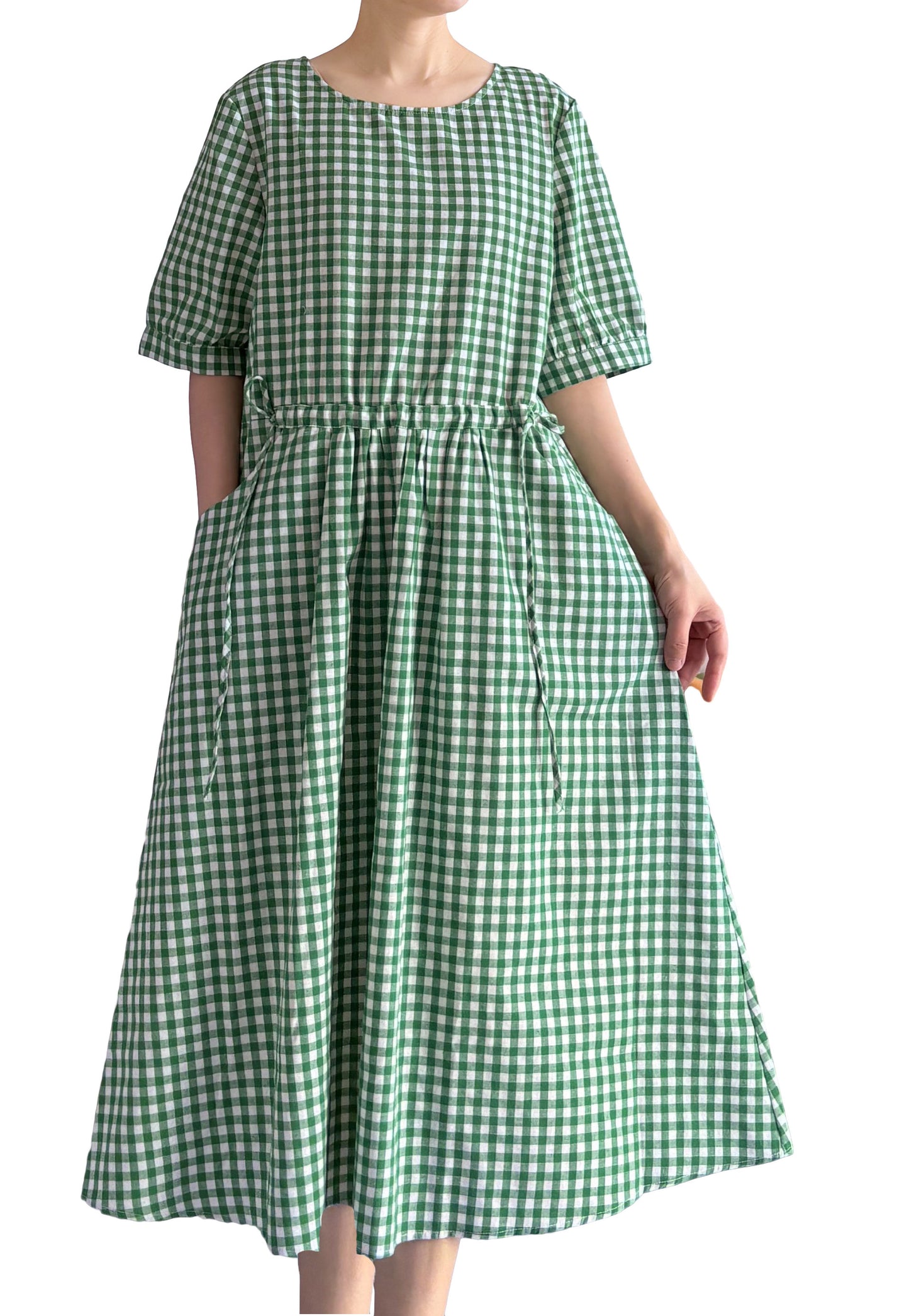 Minibee Women's Cotton Linen Dress Summer Short Sleeve Casual Plaid Flowy A-Line Midi Dresses with Pockets