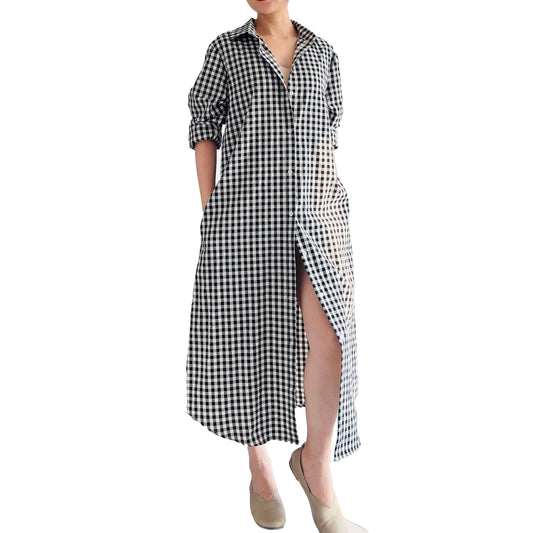 Minibee Women's Plaid Shirts Dress Button Down Long Sleeve Cotton Casual Blouses Dresses with Pockets