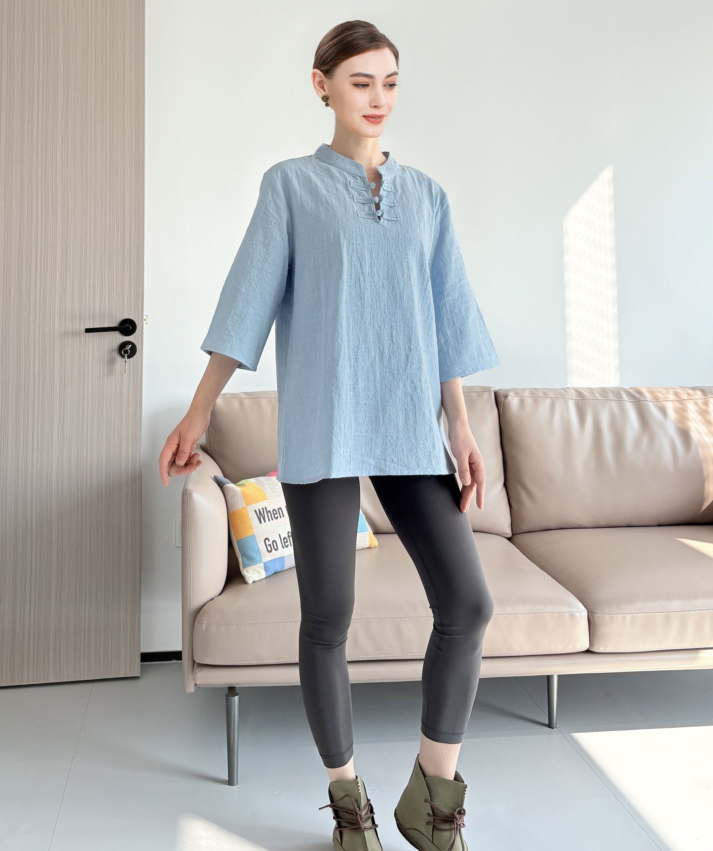 Minibee Women's 3/4 Length Sleeve Tops Cotton Linen Shirts Casual Blouse Summer Tops for Women