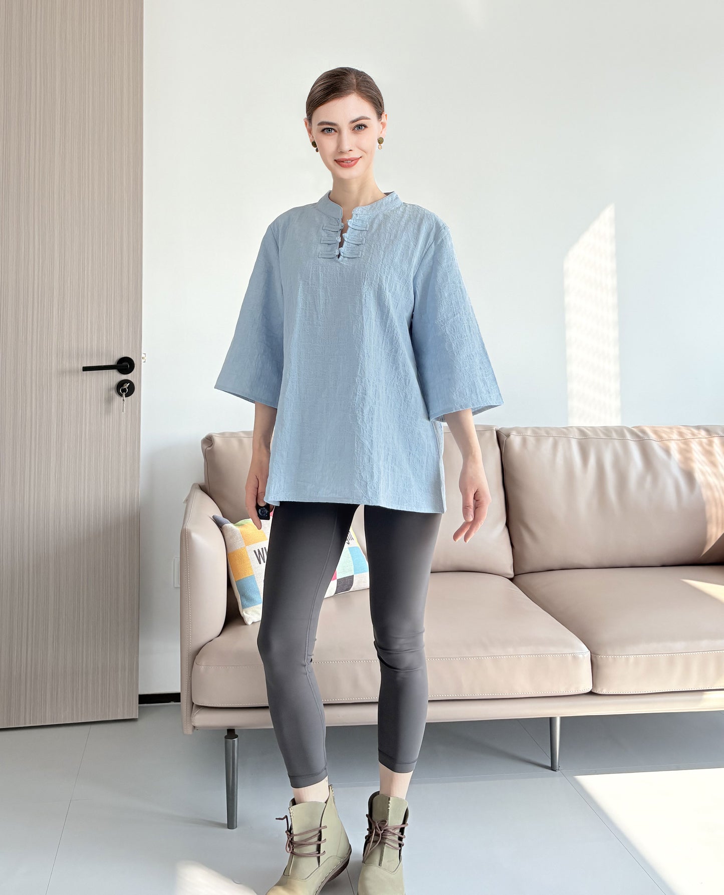 Minibee Women's 3/4 Length Sleeve Tops Cotton Linen Shirts Casual Blouse Summer Tops for Women