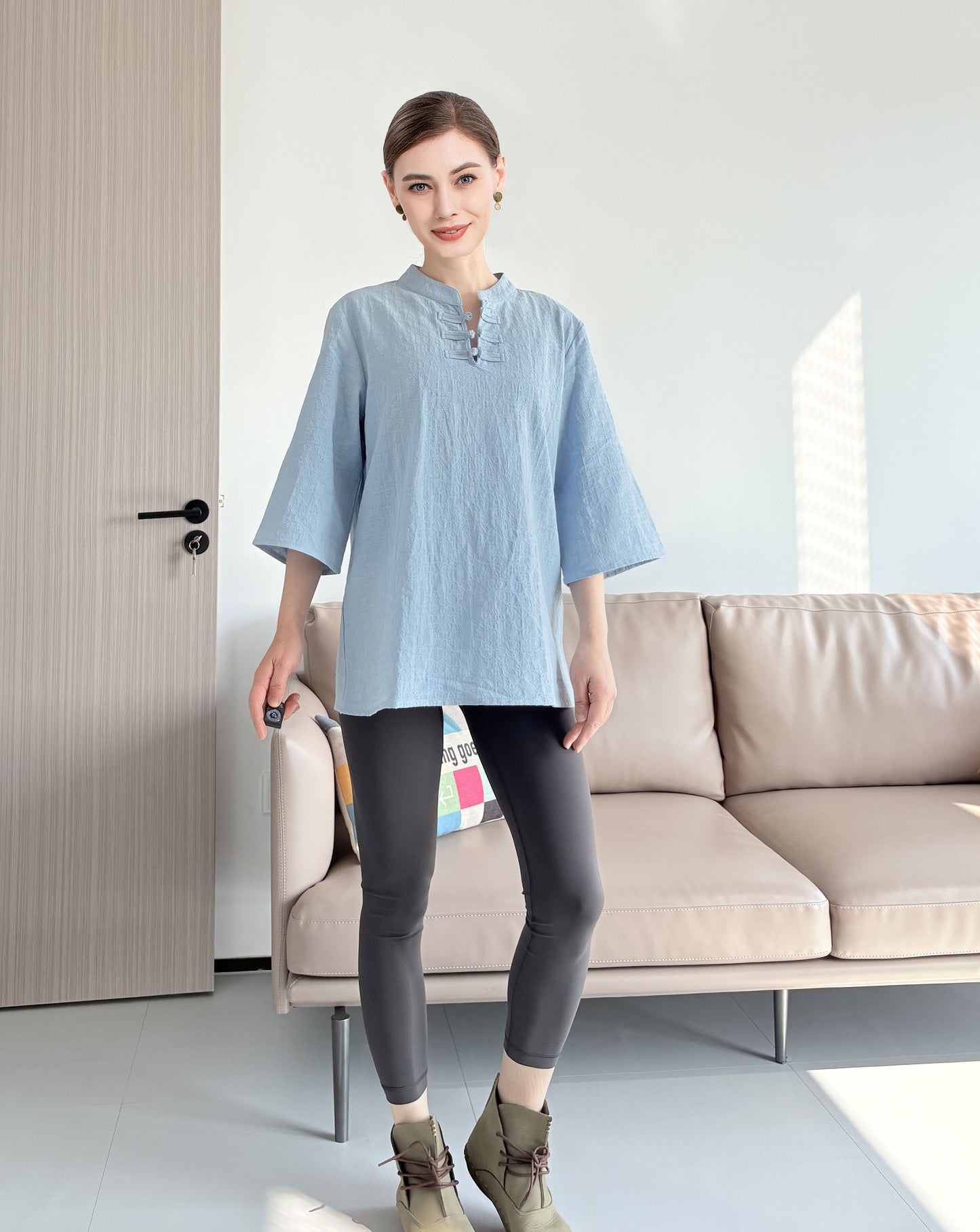 Minibee Women's 3/4 Length Sleeve Tops Cotton Linen Shirts Casual Blouse Summer Tops for Women