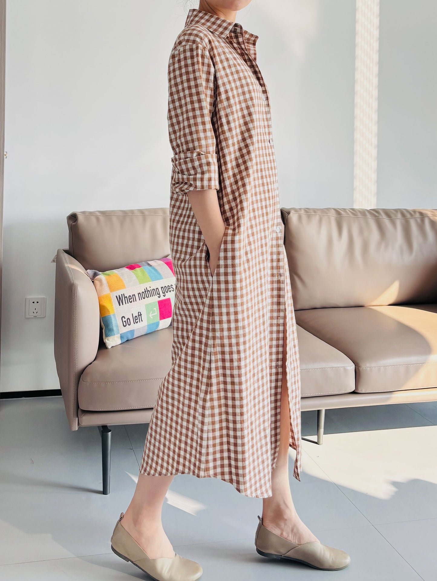 Minibee Women's Plaid Shirts Dress Button Down Long Sleeve Cotton Casual Blouses Dresses with Pockets