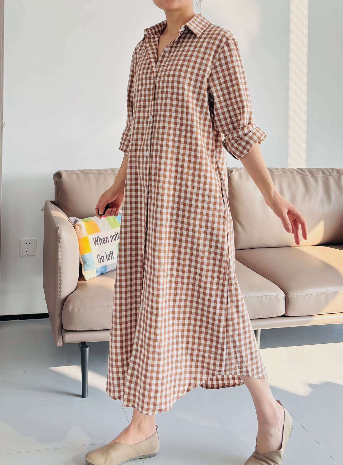 Minibee Women's Plaid Shirts Dress Button Down Long Sleeve Cotton Casual Blouses Dresses with Pockets