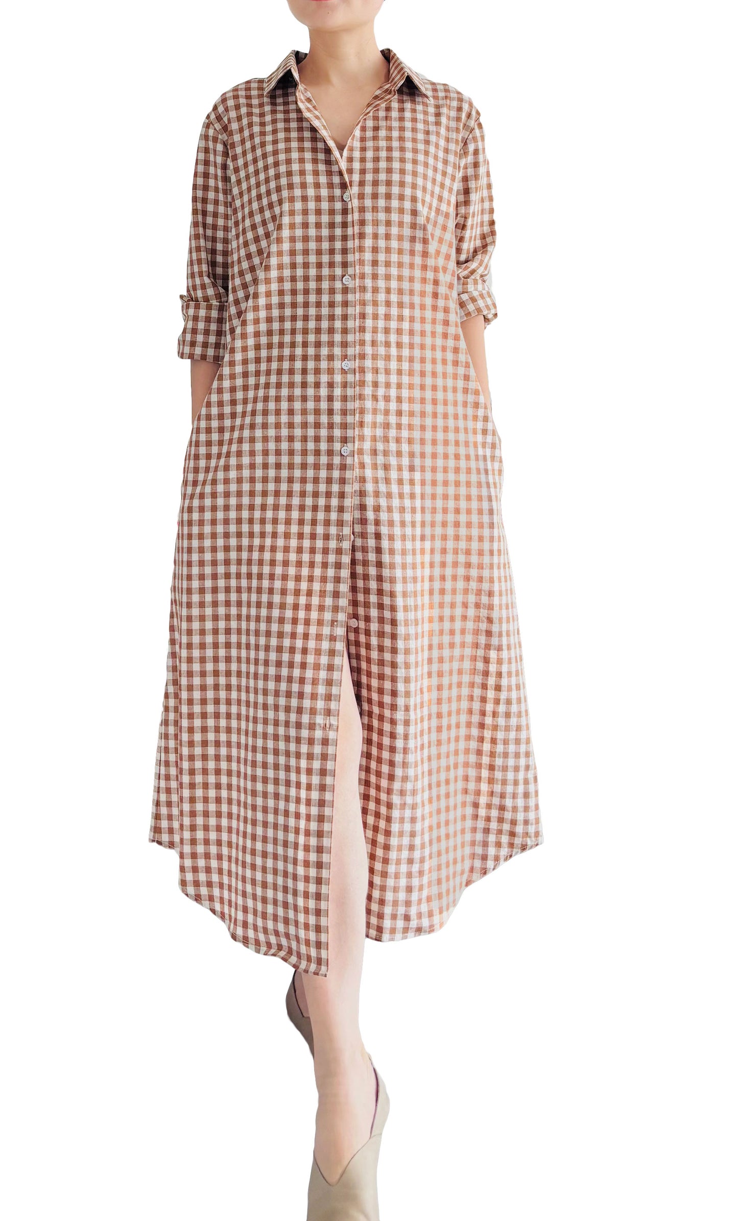 Minibee Women's Plaid Shirts Dress Button Down Long Sleeve Cotton Casual Blouses Dresses with Pockets