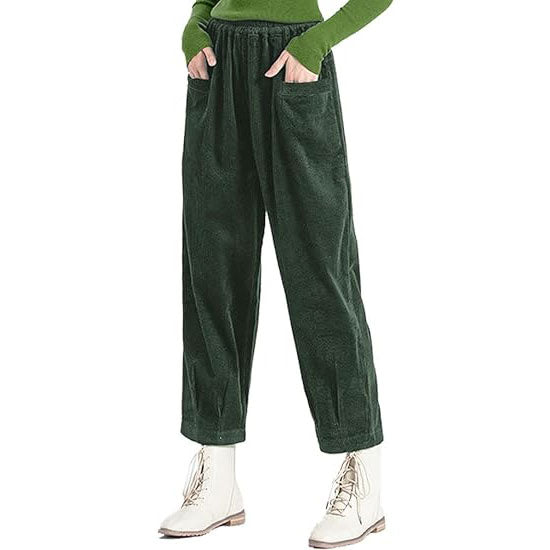 Minibee Women's Corduroy Baggy Pants Elastic Waist Loose Harem Pant Cotton Wide Leg Trousers with Pockets