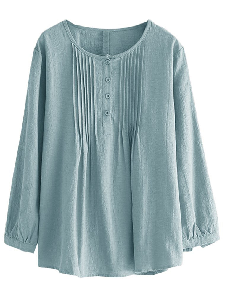 Women's Scoop Neck Pleated Blouse Solid Color Lovely Button Tunic Shirt