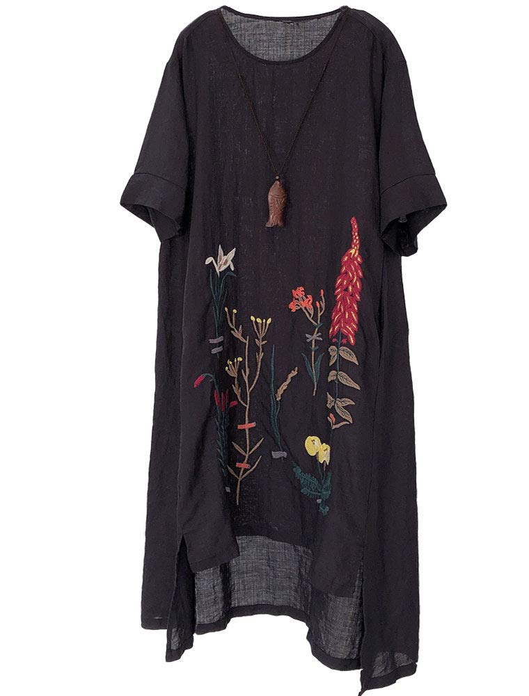 Minibee Women's Embroidered Linen Dress Summer A-Line Sundress Hi Low minibee Minibee Women's Embroidered Linen Dress Summer A-Line Sundress Hi Low minibee